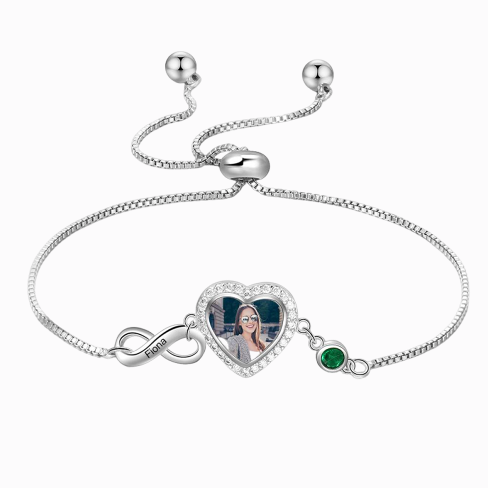 Infinity Love Heart Photo Bracelet with Birthstone Personalized with Engraving