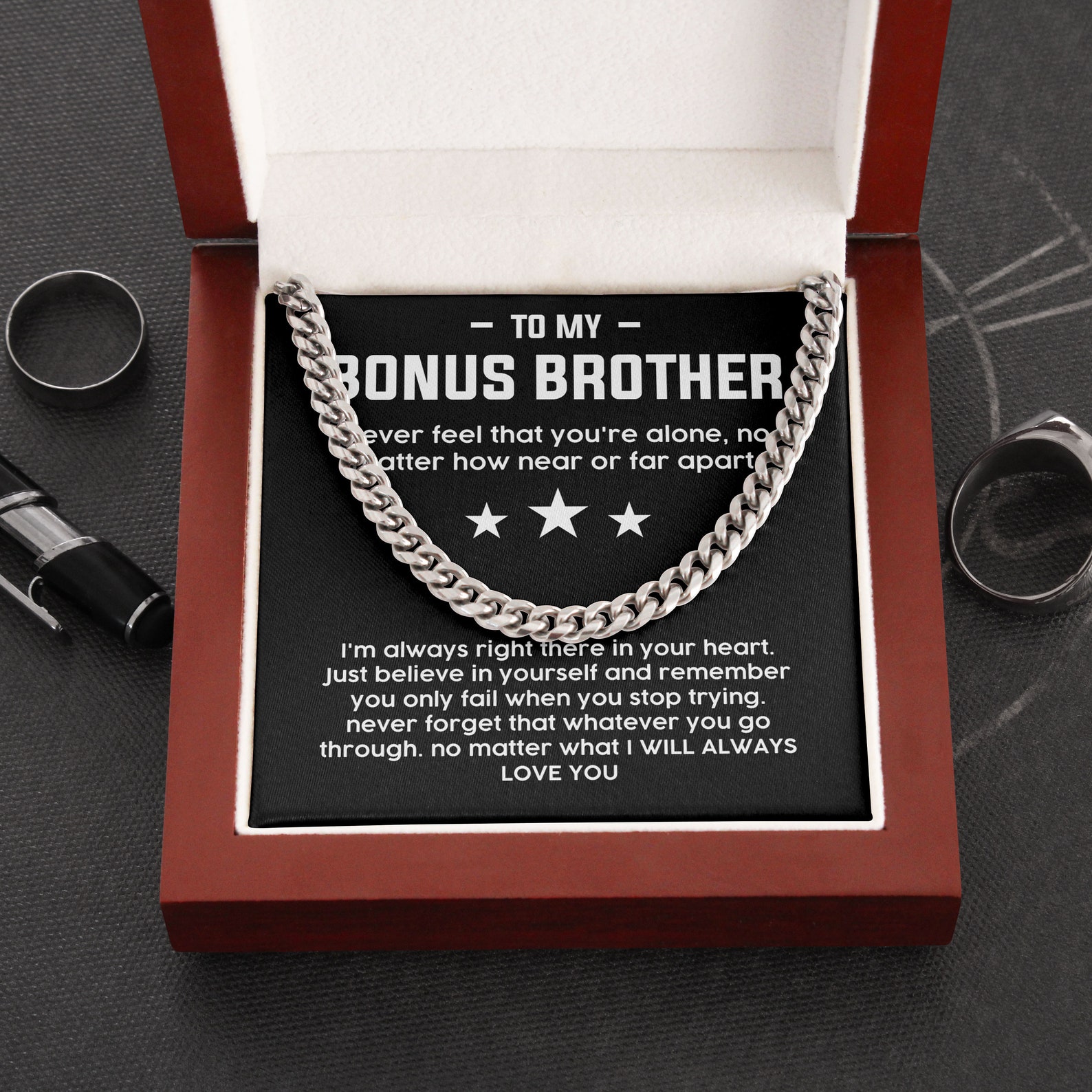 To My Bonus Brother Necklace Cuban Link Chain Necklace Gift Set - No Matter What I Will Always Love You