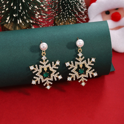 Christmas Snowflake Drop Earrings with Pearl Festive Holiday Gift