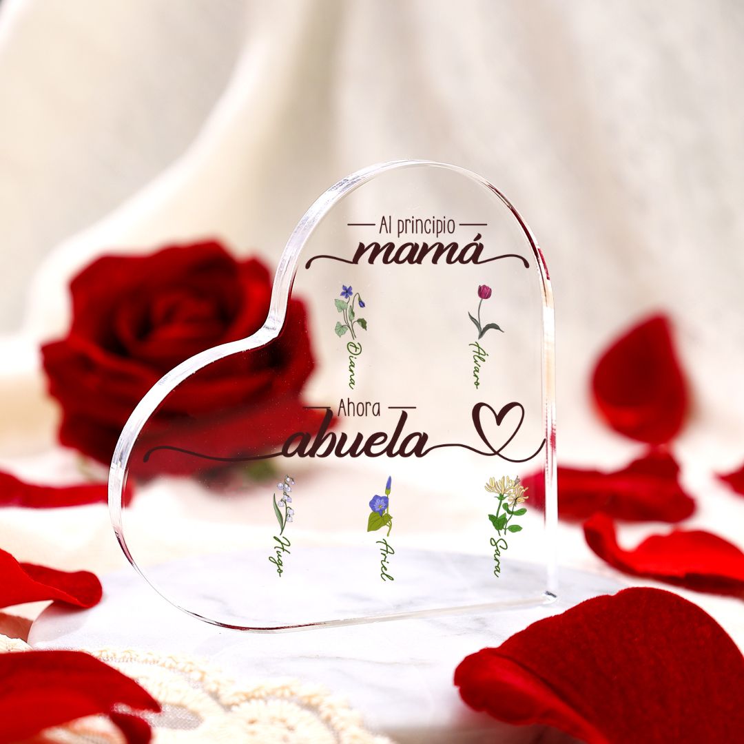 Abuela - Placa de acrílico en forma de corazón 2-10 nombres y flores personalizados