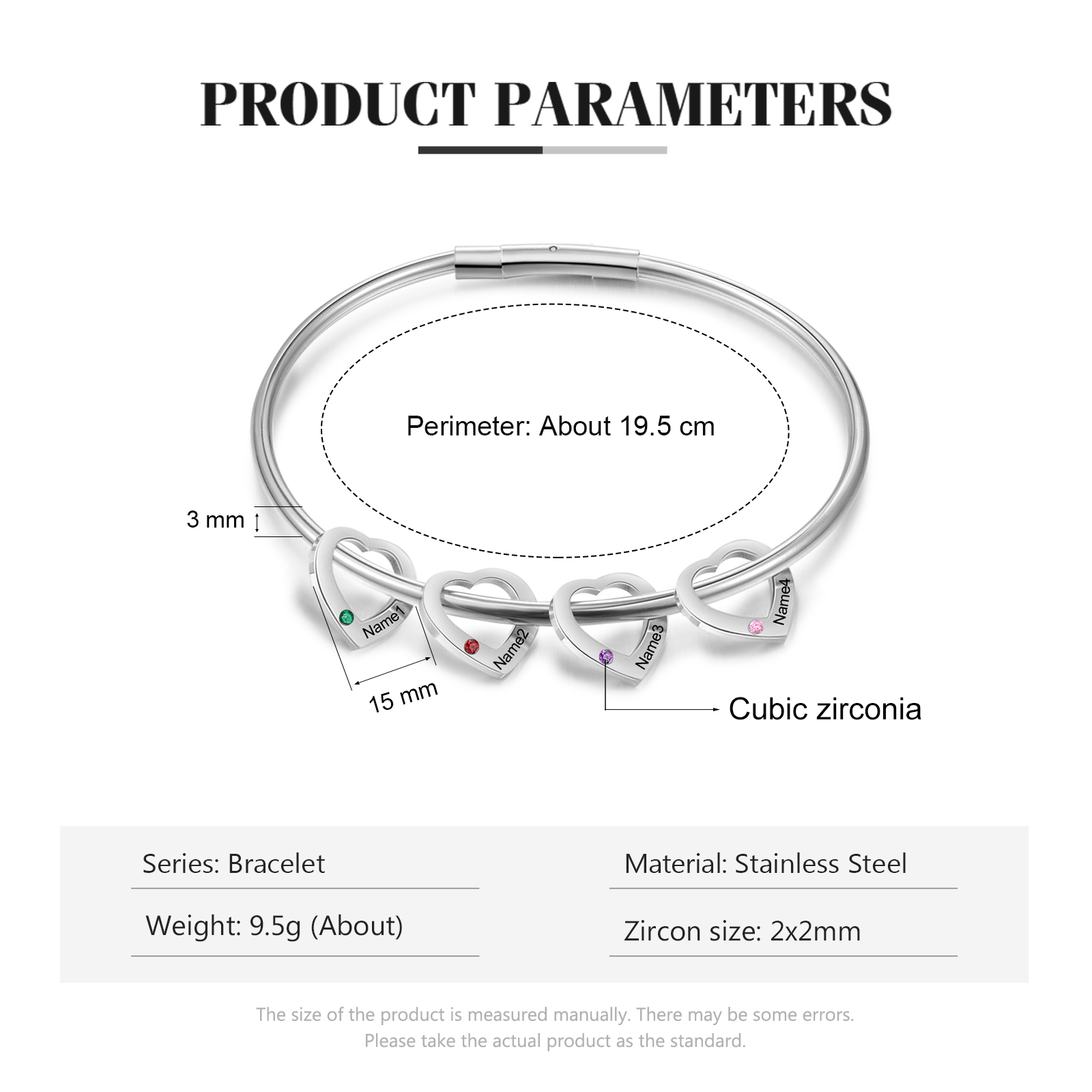 Personalized Heart Charm Bangle Bracelet with 4 Birthstones Engraved Names