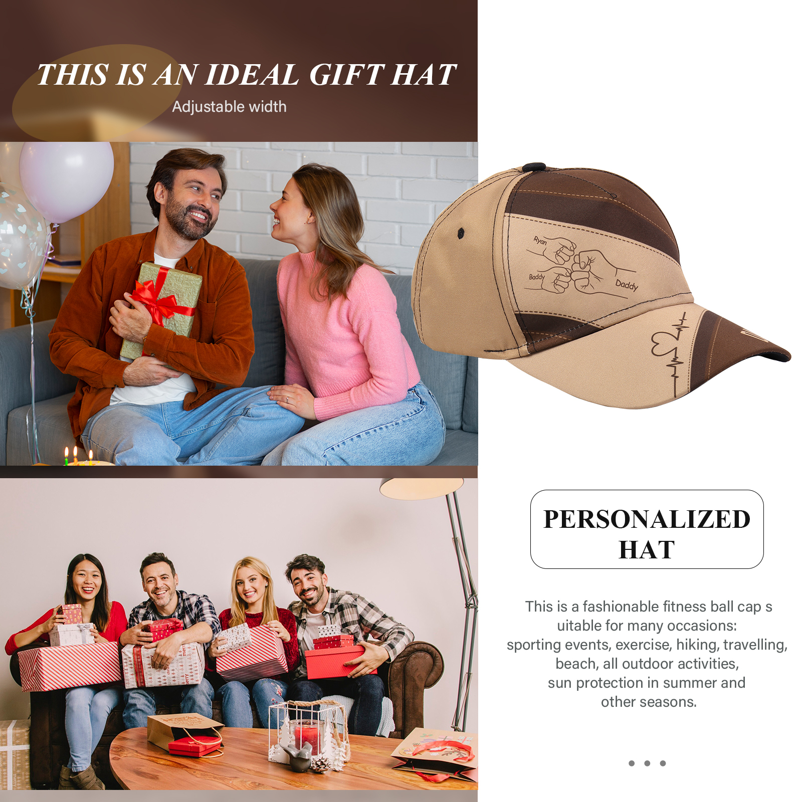 Personalized Fist Bump Classical Baseball Cap Custom 3 Names & 1 Text Snapback Adjustable Gift for Dad/Grandpa/Husband