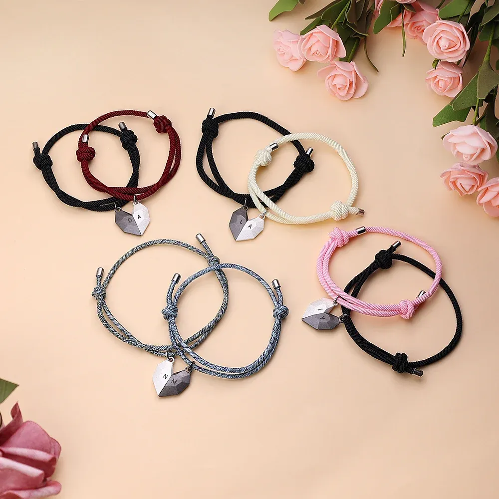 Personalized Two Souls One Heart Bracelet Custom 2 Letters Magnetic Bracelet Set for Couple