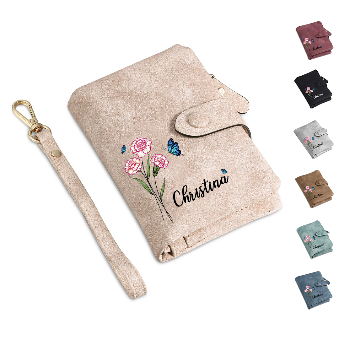 Personalized Women's Leather Wallet Custom Birthday Flower & Name & Photo Wallet Gift for Her
