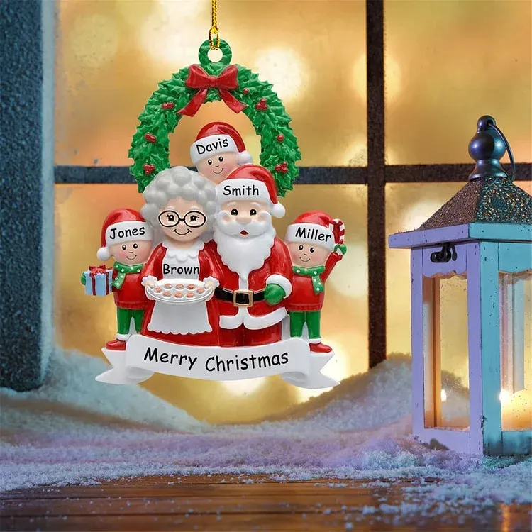 Santa Family Ornament Custom 6 Names Grandparents with Grandkids Ornament