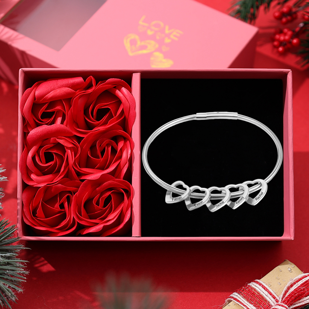 Engraved Personalized Bangle Bracelet with 5 Names with 5 Heart Shape Pendant Gift for Mother