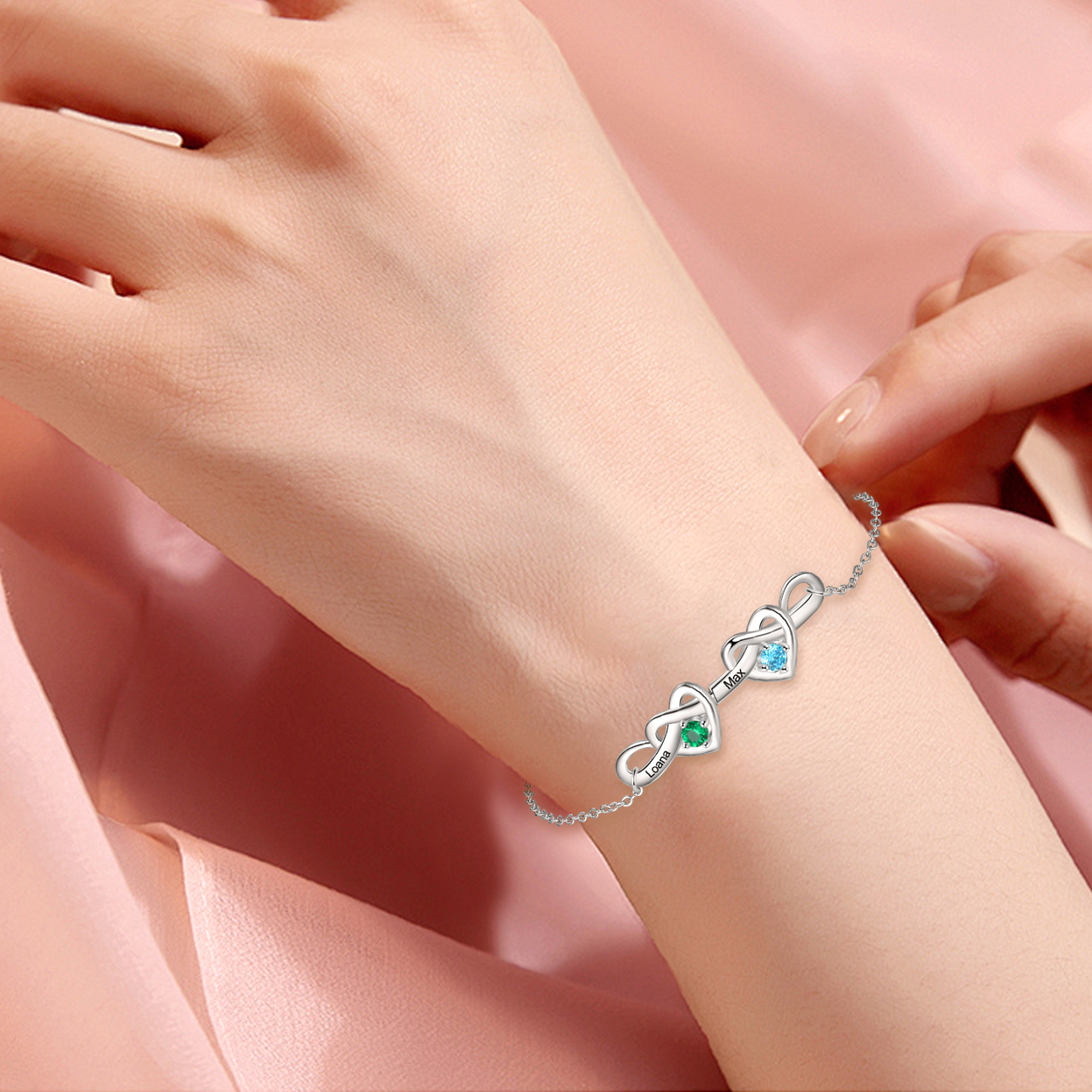 2 Names - Personalized Linked Heart Bracelet Custom Names & Birthstones & Text Bracelets Birthday Gift For Her- Mother's Day Gift for Mom/Grandma