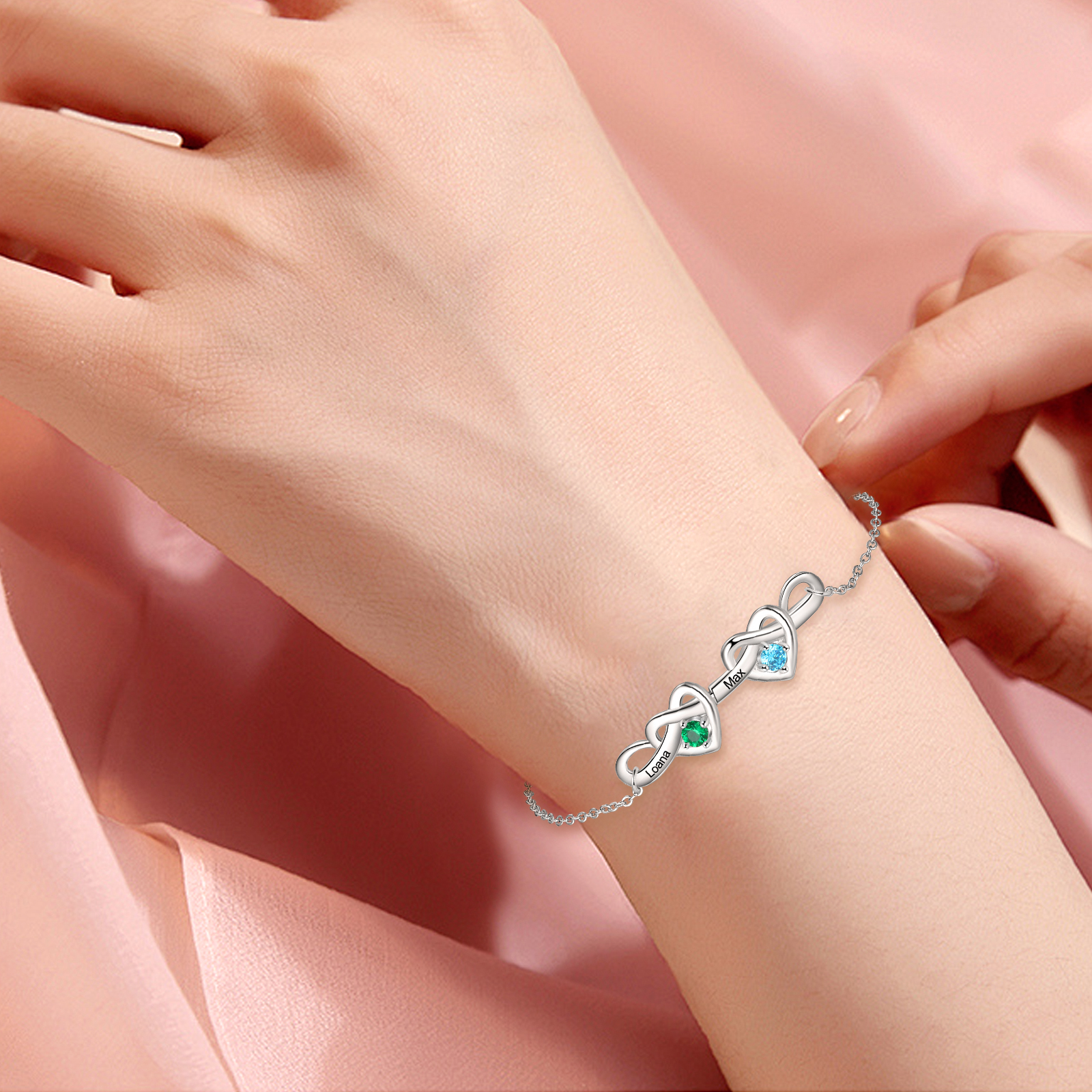 2 Names - Personalized Linked Heart Bracelet Custom Names & Birthstones & Text Bracelets Birthday Gift For Her- Mother's Day Gift for Mom/Grandma