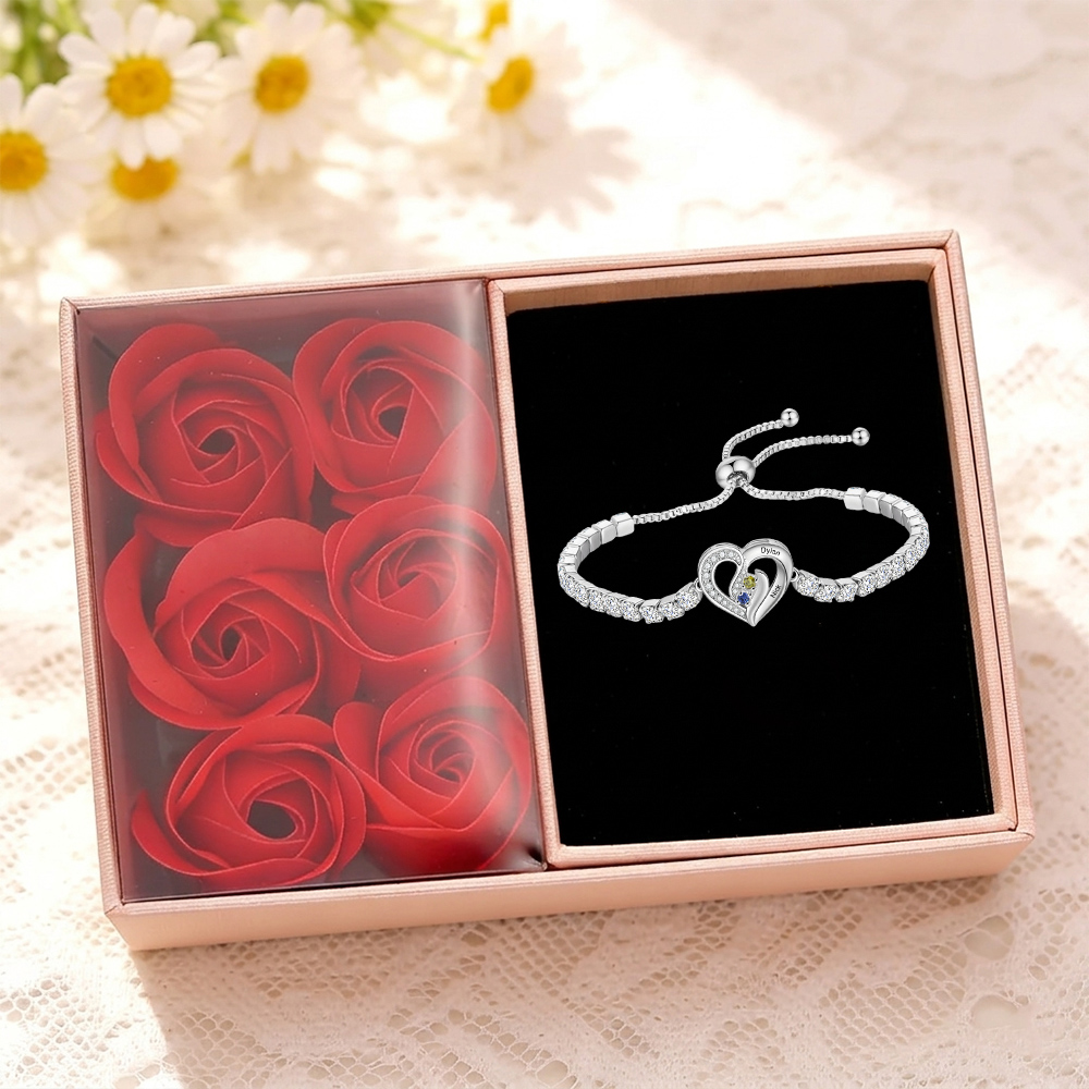 Personalized 2–5 Names Diamond Heart Birthstone Tennis Bracelet