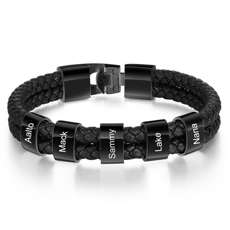 5 Names-Personalized Braided Leather Bracelet Engraved Men's Bracelet for Him