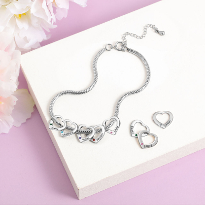 Custom Anklet Engraved 5 Names and Birthstones Heart Shaped Charm Personalized Bracelet for Women