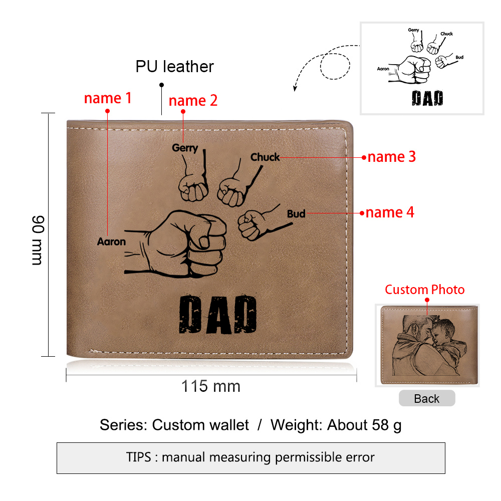 Personalized 4 Names Men Leather Wallet Handcrafted in the USA-Custom Photo & Name Folding Wallet Fist Bump Wallet Gift for Dad