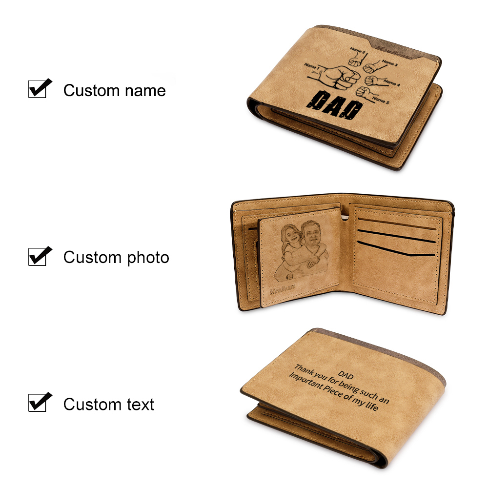 5 Names - Personalized Men Leather Wallet Custom Photo & Text & Name Folding Wallet Fist Bump Wallet Gift for Dad