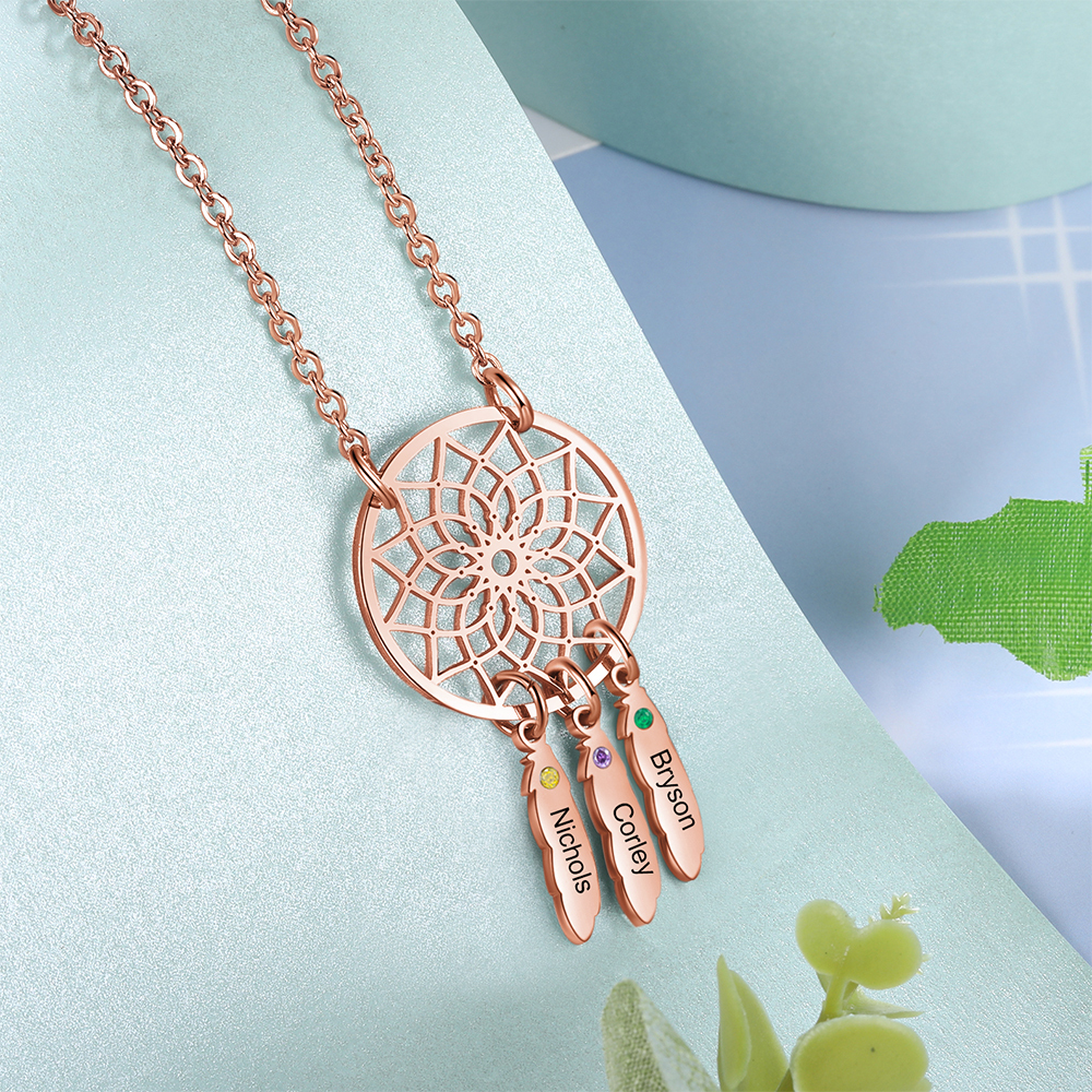 Personalized Dream Catcher Necklace with 3 Birthstones for Women