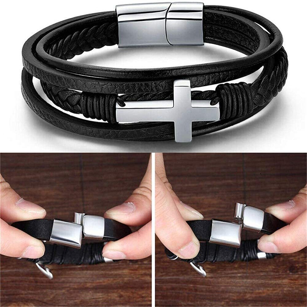 Men Braided Leather Cross Bracelets with Magnetic Clasp Gifts for Him