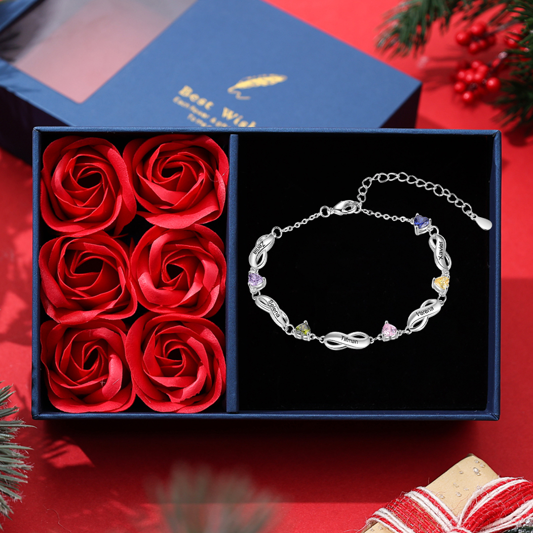 Infinity Bracelet with 5 Heart Shape Birthstones Family Bracelet for Mom