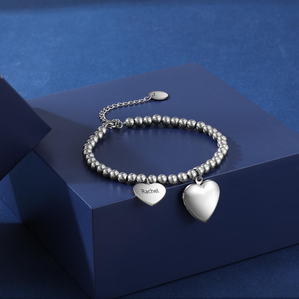 Beaded Chain Bracelet With Heart Photo Locket Personalized With Engraving Charm