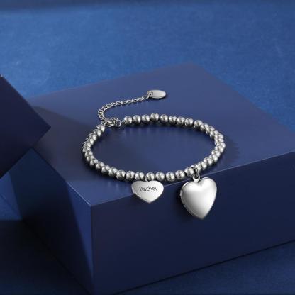 Beaded Chain Bracelet With Heart Photo Locket Personalized With Engraving Charm