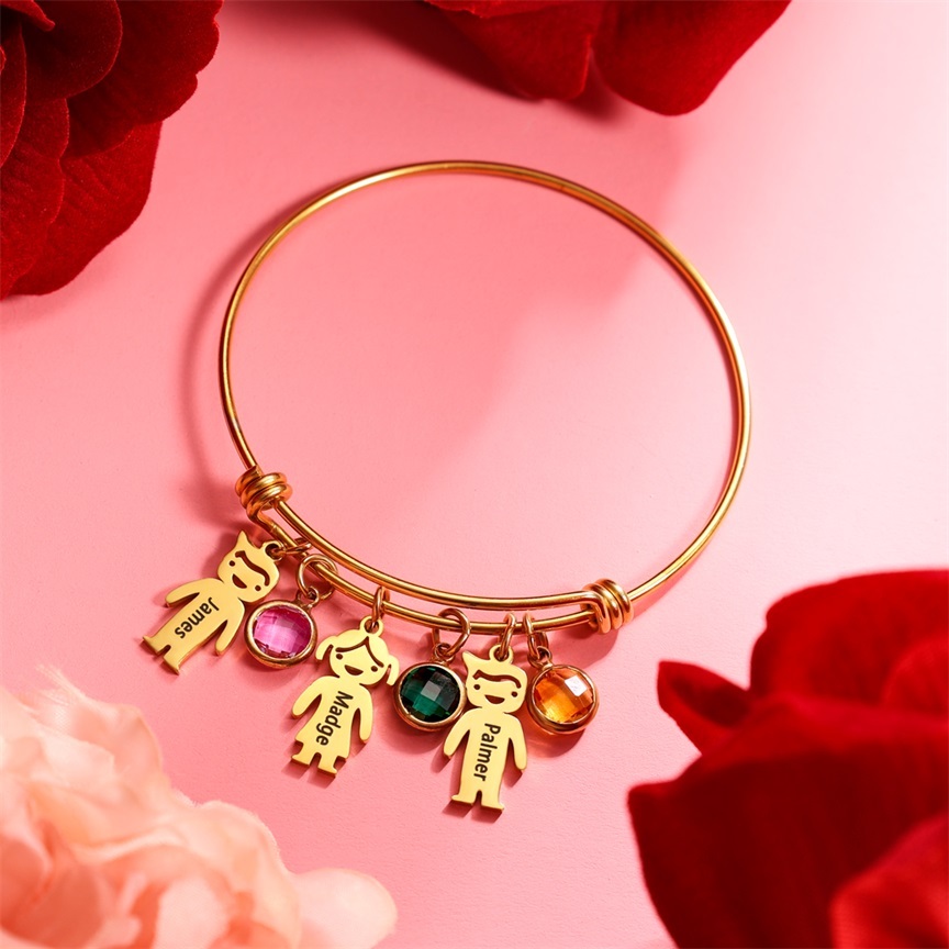 Bangle Bracelet with Kids Charms 2 Birthstone Engraved 2 Names Rose Box Set
