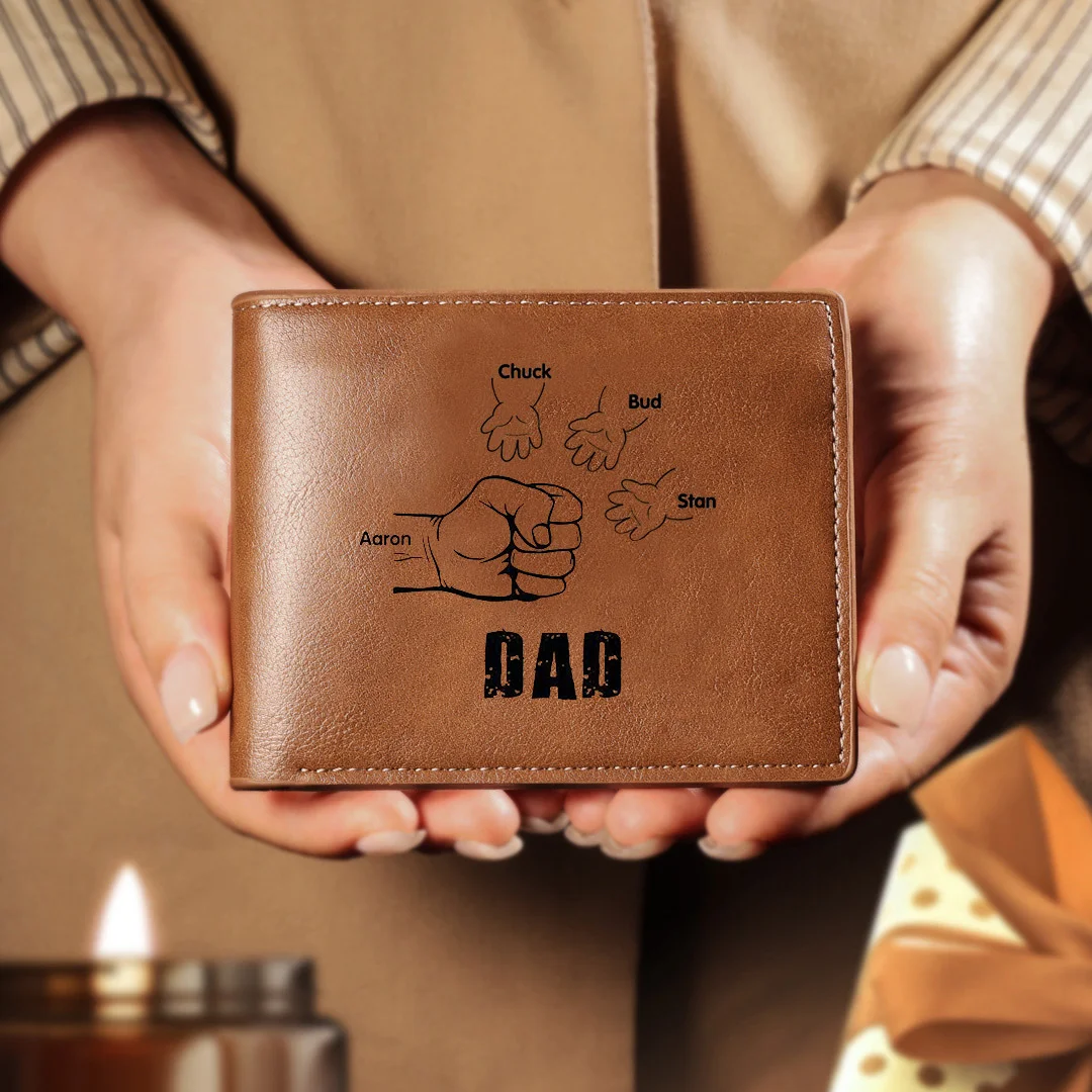 Personalized 4 Names Men Leather Wallet Handcrafted in the USA-Custom Engraved Names Brown Wallet Fist Bump Folding Wallet Gift For Dad
