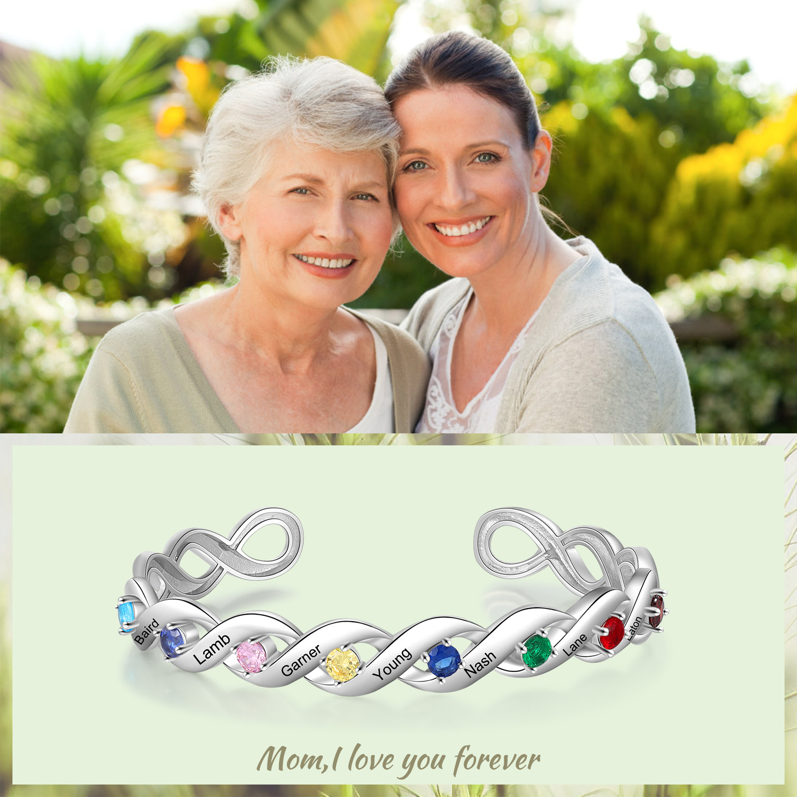 Personalized Birthstone Bangle Bracelet Custom 8 Names Bracelet for Family