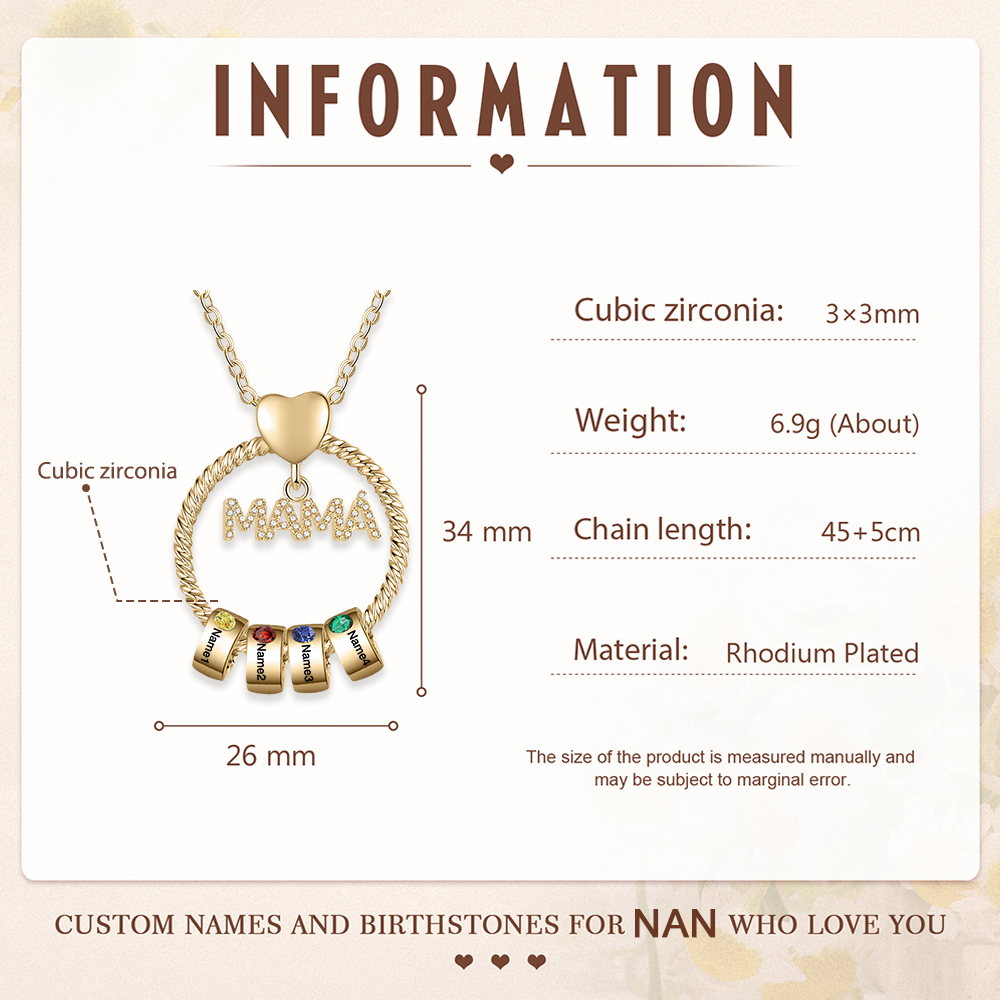 Collar con colgante de "MAMÁ" con 4 nombres Y 4 piedras de nacimiento personalizados | Jessemade