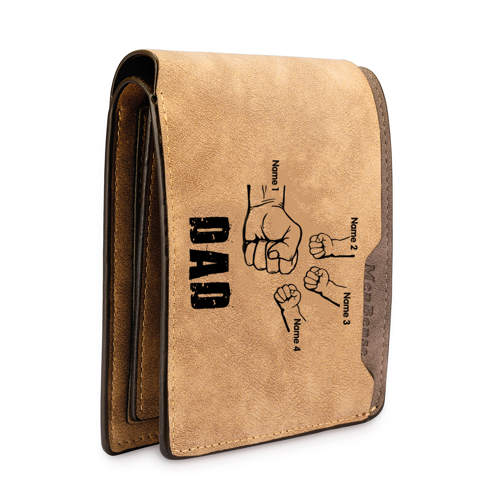 4 Names - Personalized Men Leather Wallet Custom Photo & Text & Name Folding Wallet Fist Bump Wallet Gift for Dad