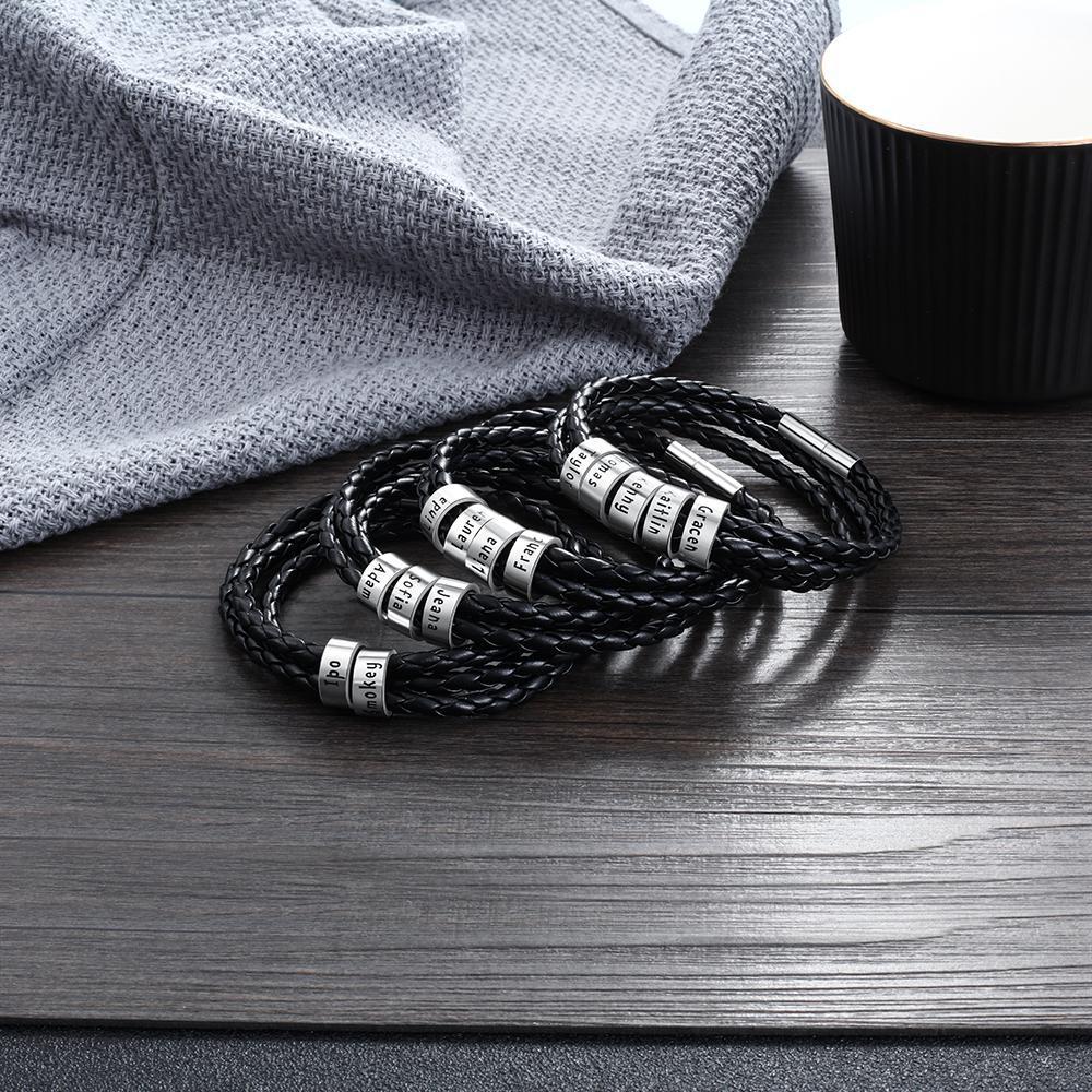 Personalized Mens Leather Braided Bracelet With 5 Sterling Silver Custom Beads Engarved 5 Family Names