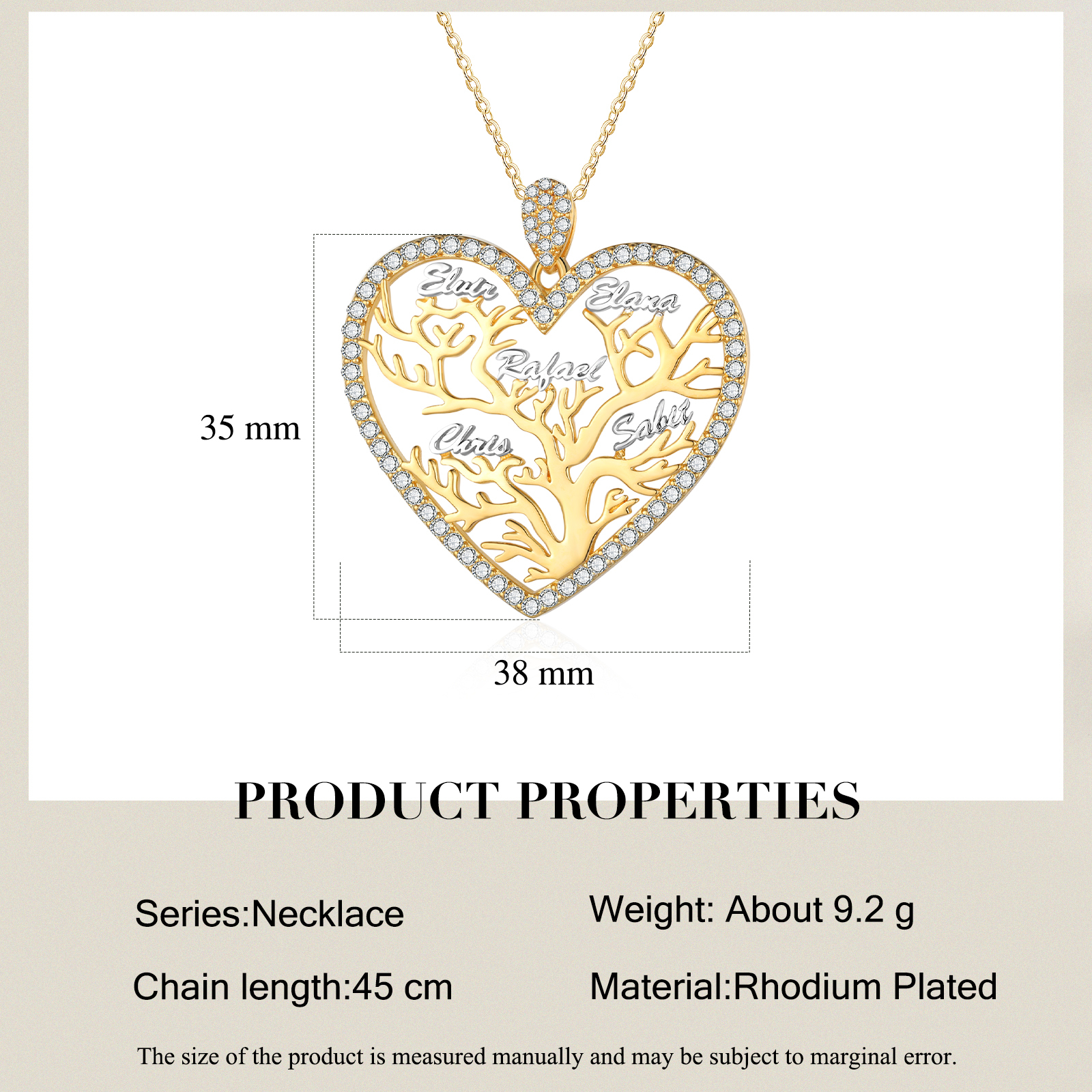 Personalized Family Tree Necklace, Custom 5 Names Heart Necklace Woman Gift For Her