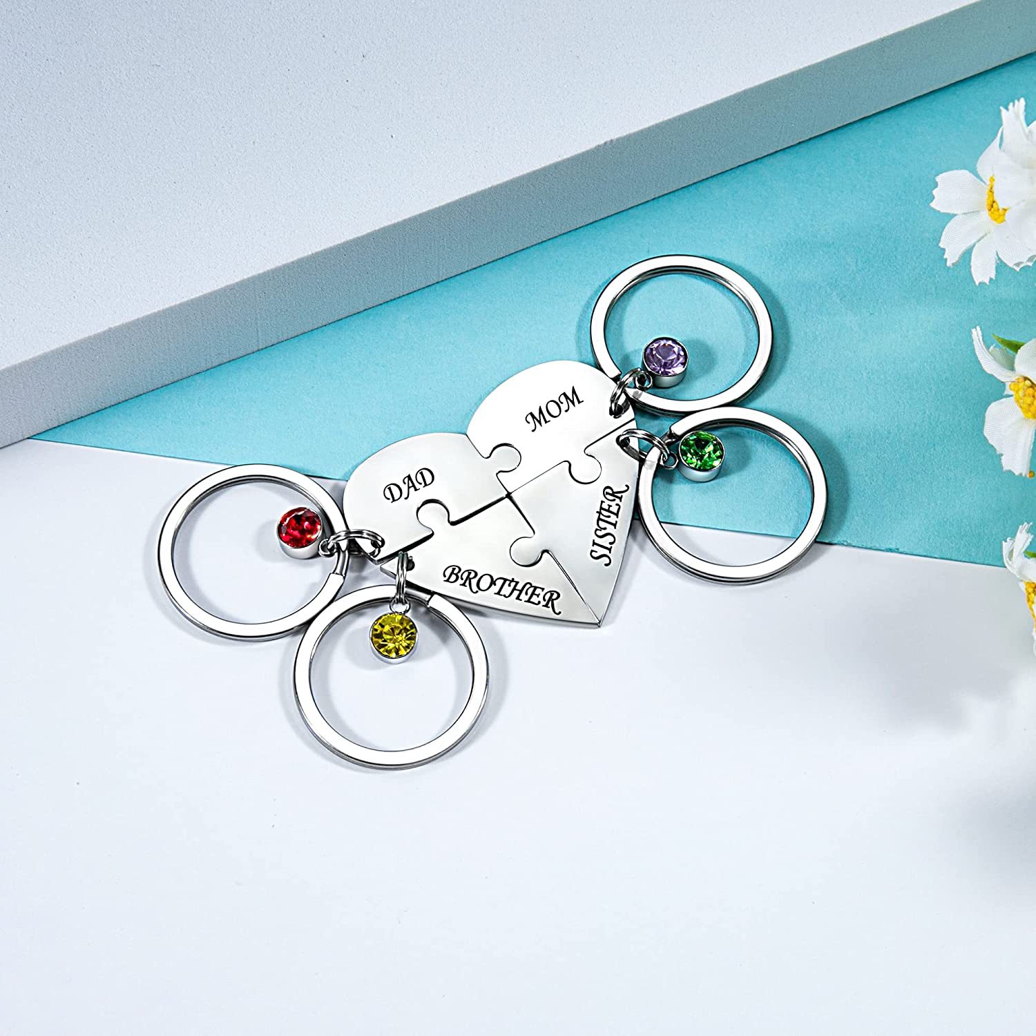 Personalized 4 Names Heart Puzzle Keychain with Birthstones Gifts for Family