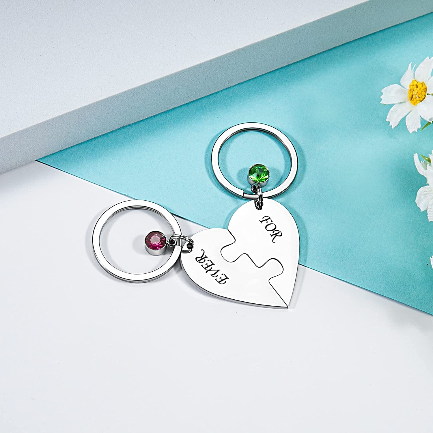Personalized 2 Names Heart Puzzle Keychain with Birthstones Gifts for Family