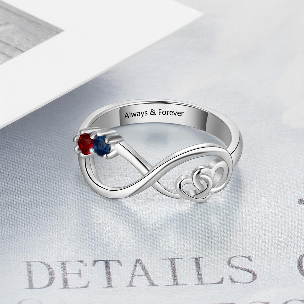 S925 Infinity Ring Double Heart Promise Ring Personalized with 2 Birthstones Engraved Sterling Silver Ring