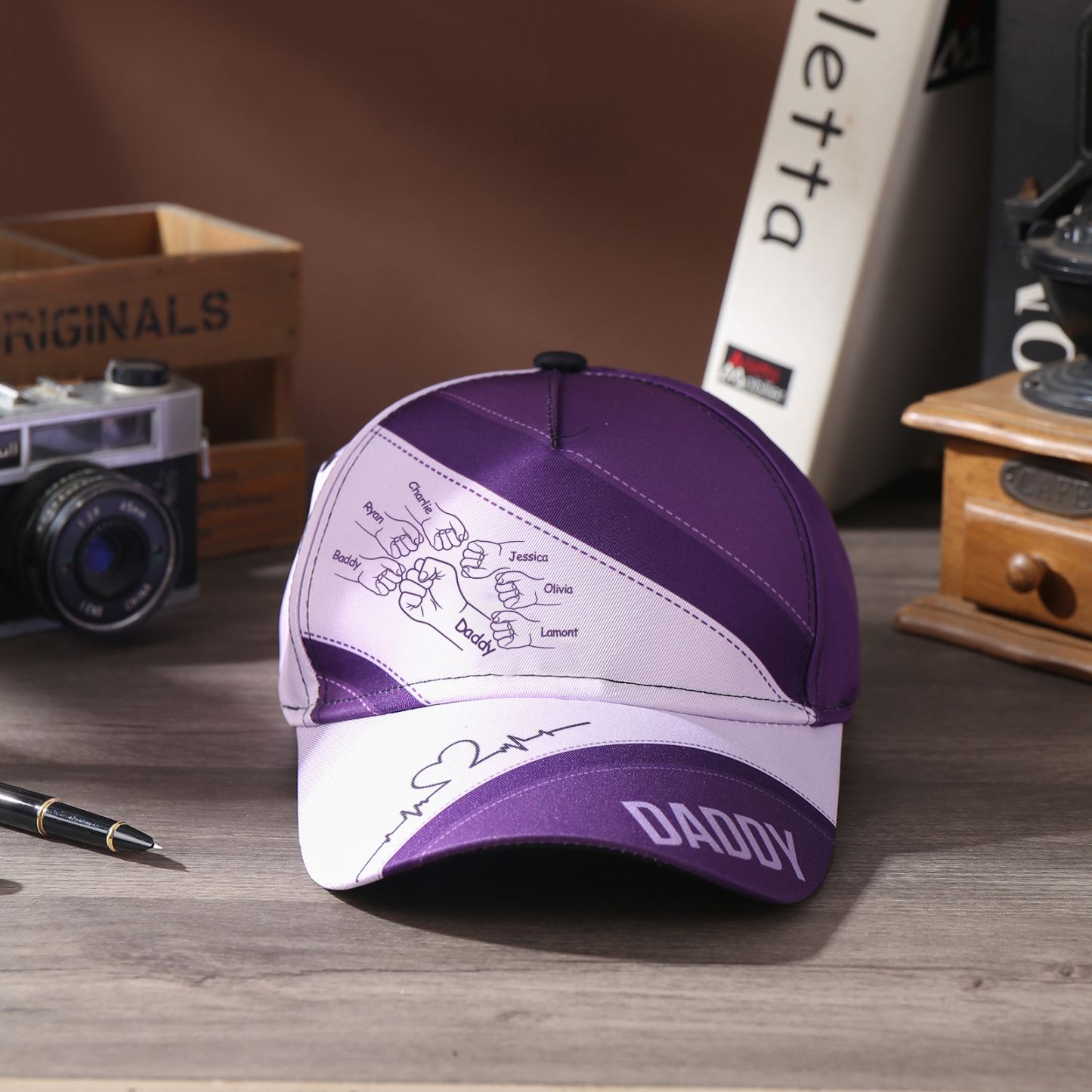 Personalized Fist Bump Classical Baseball Cap Custom 7 Names & 1 Text Snapback Adjustable Gift for Dad/Grandpa/Husband