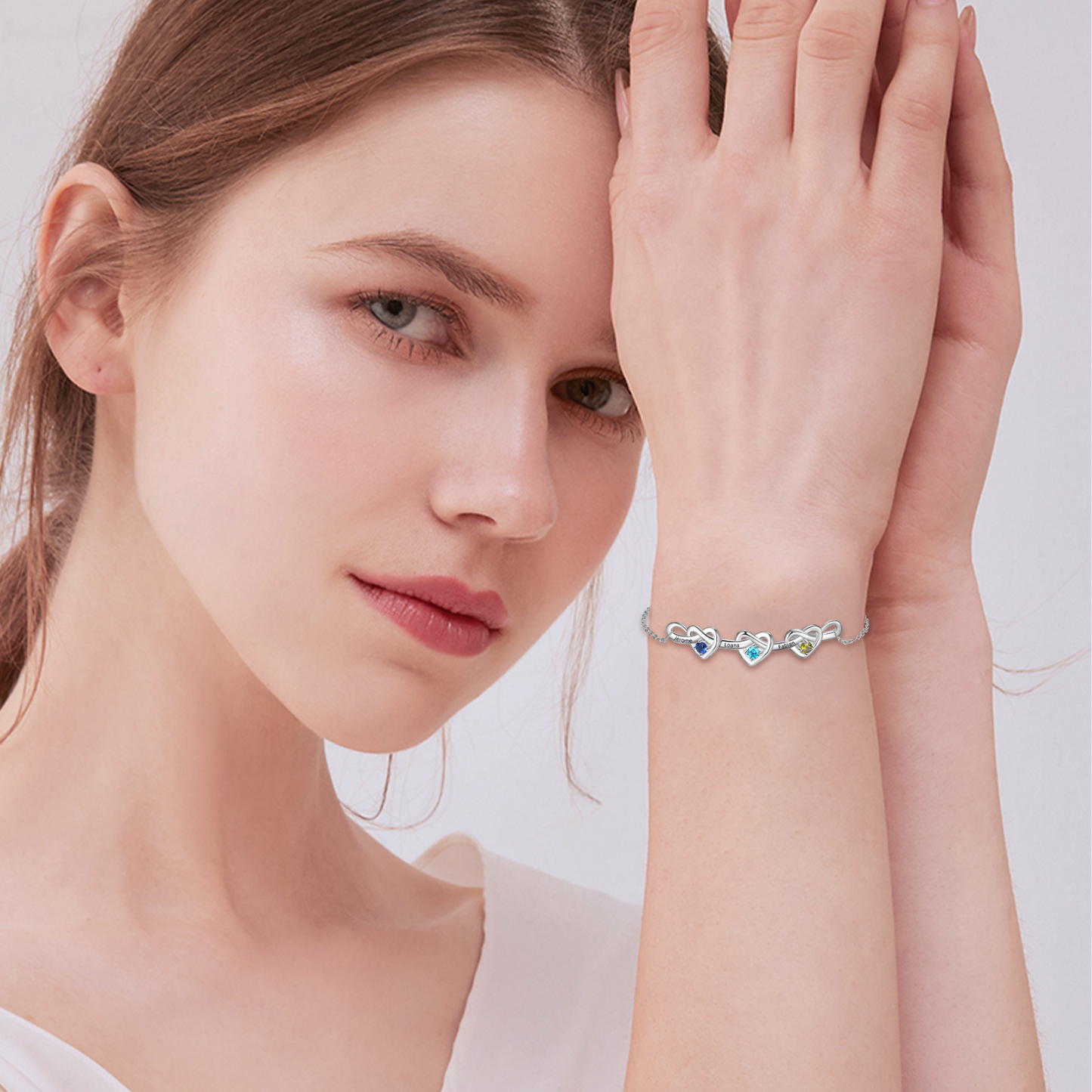 3 Names - Personalized Linked Heart Bracelet Custom 3 Birthstones Engraved Text Bracelets- Mother's Day Gift for Mom/Grandma
