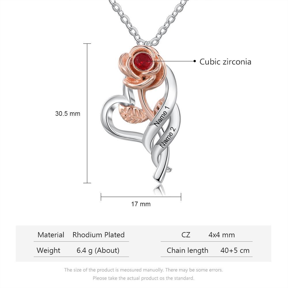 Rose Heart with Birthstone Engraved 2 Names Personalized Necklace
