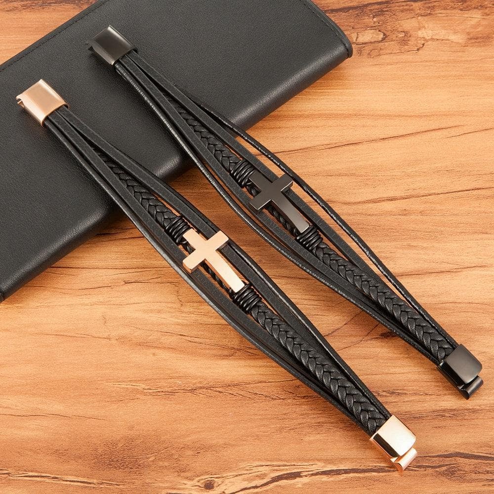 To My Son Braided Leather Cross Bracelets with Magnetic Clasp Gifts for Son