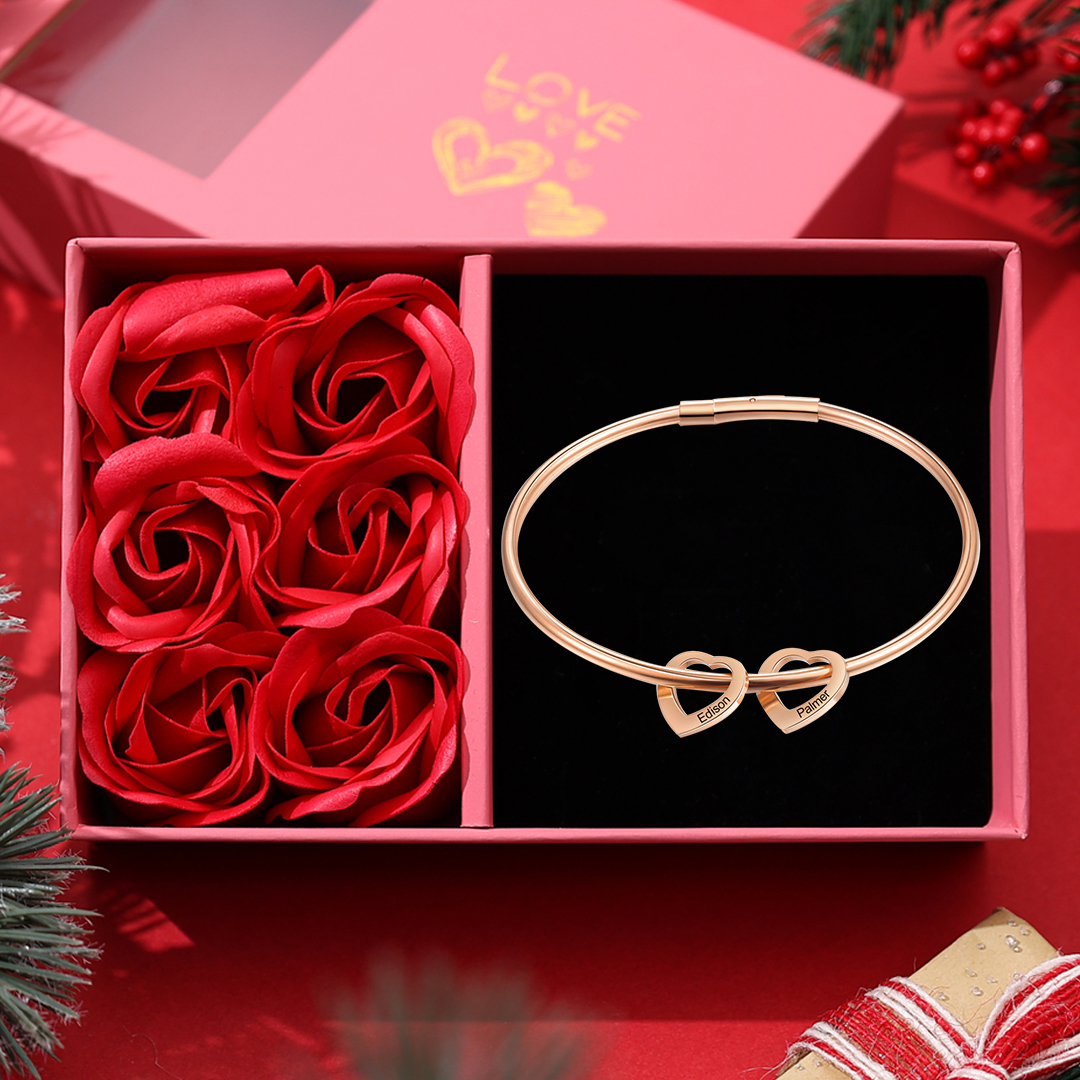 Love Bracelet with 2 Heart Pendant Engraved Bangle Bracelet Gift for Mother