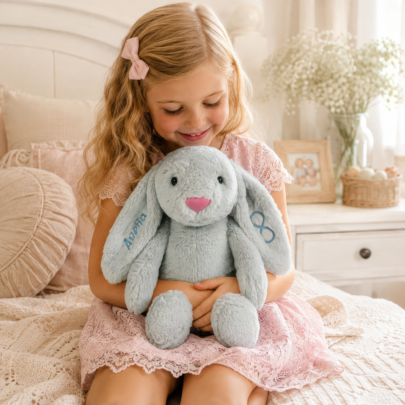 Personalized Plush Bunny with Embroidered Name and Custom Design, Gift for Children and Grandchildren