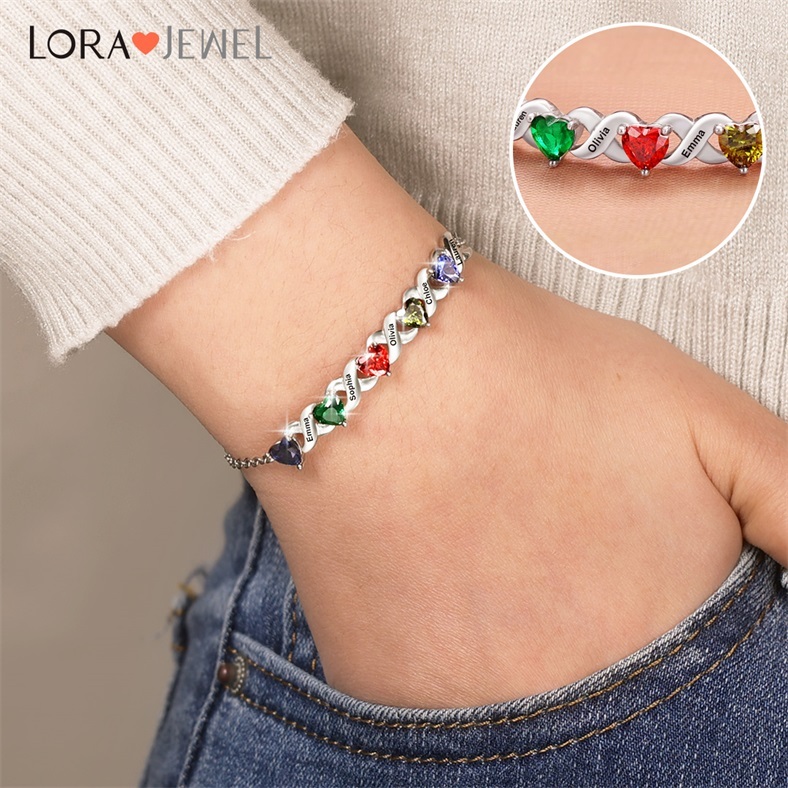 Family Custom Bracelet Heart Personalized with 5 Birthstones