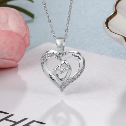 Mother and Child Heart Necklace Engraved with 2 Names Love Necklace Sterling Silver