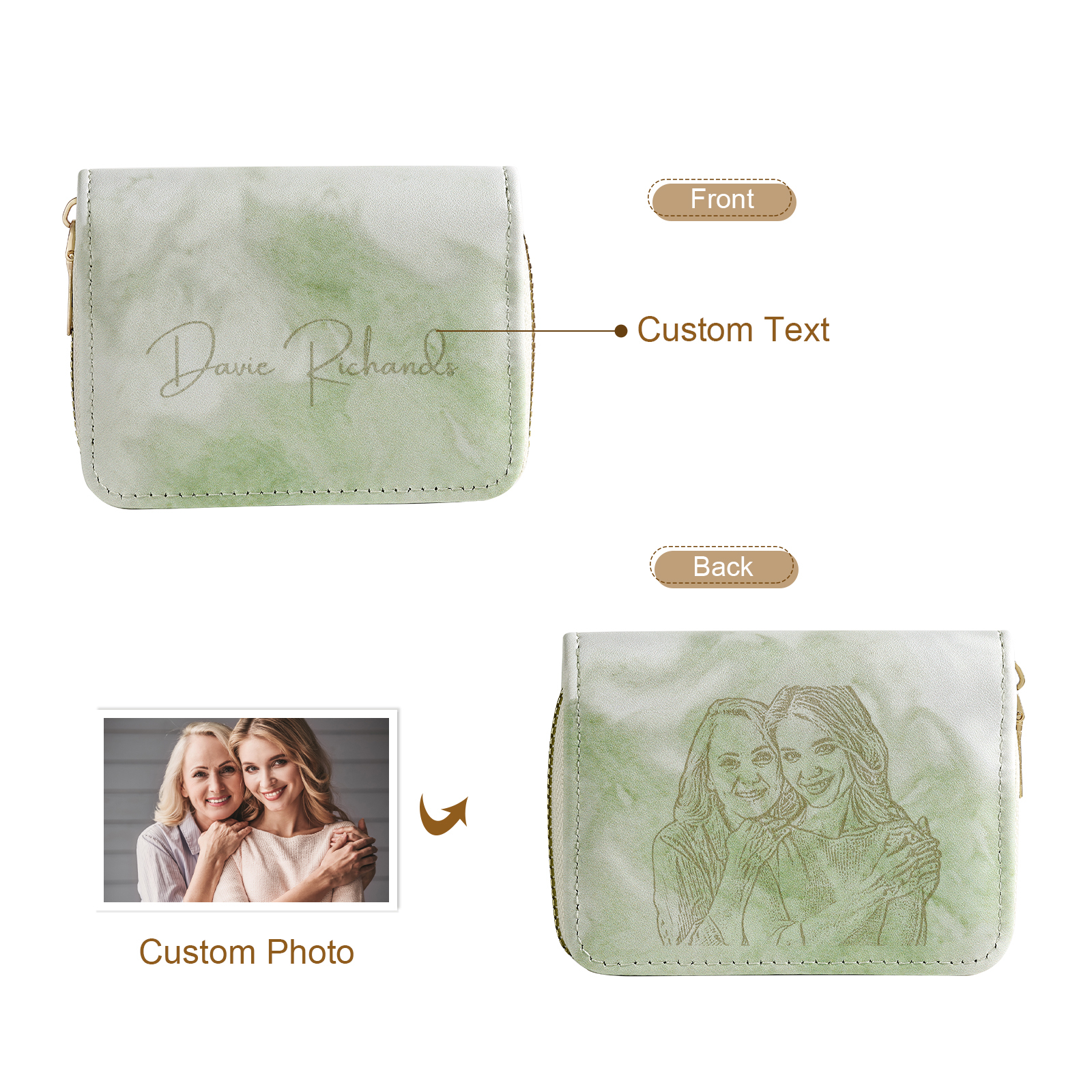 Personalized Women's Leather Wallet Custom Photo & Text Zipper Wallet Accordion Wallet Gift for Her