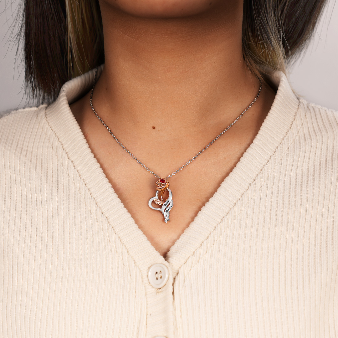 Rose Heart with Birthstone Engraved 2 Names Personalized Necklace