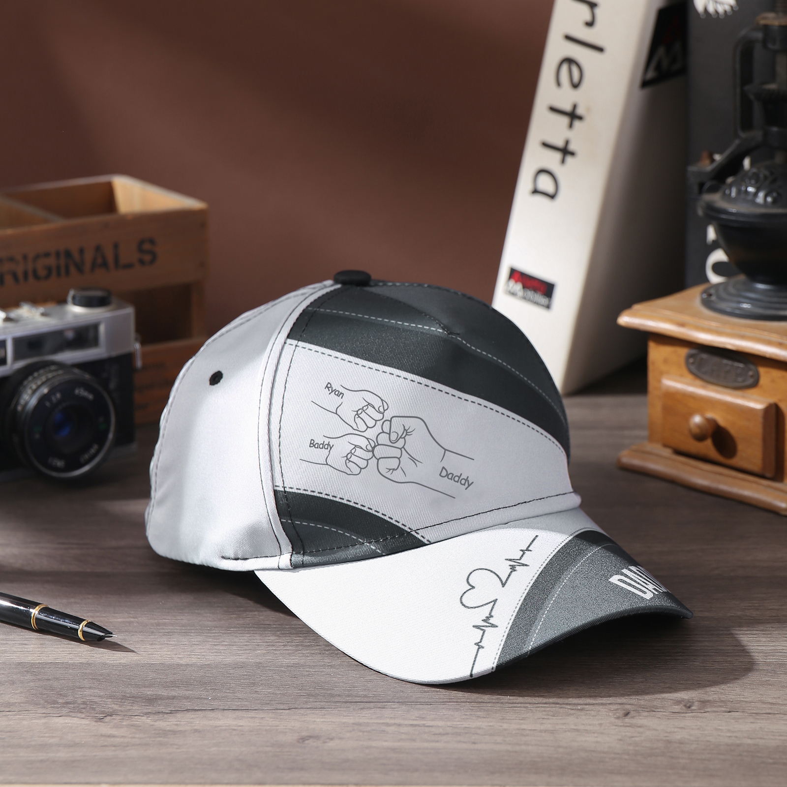 Personalized Fist Bump Classical Baseball Cap Custom 3 Names & 1 Text Snapback Adjustable Gift for Dad/Grandpa/Husband