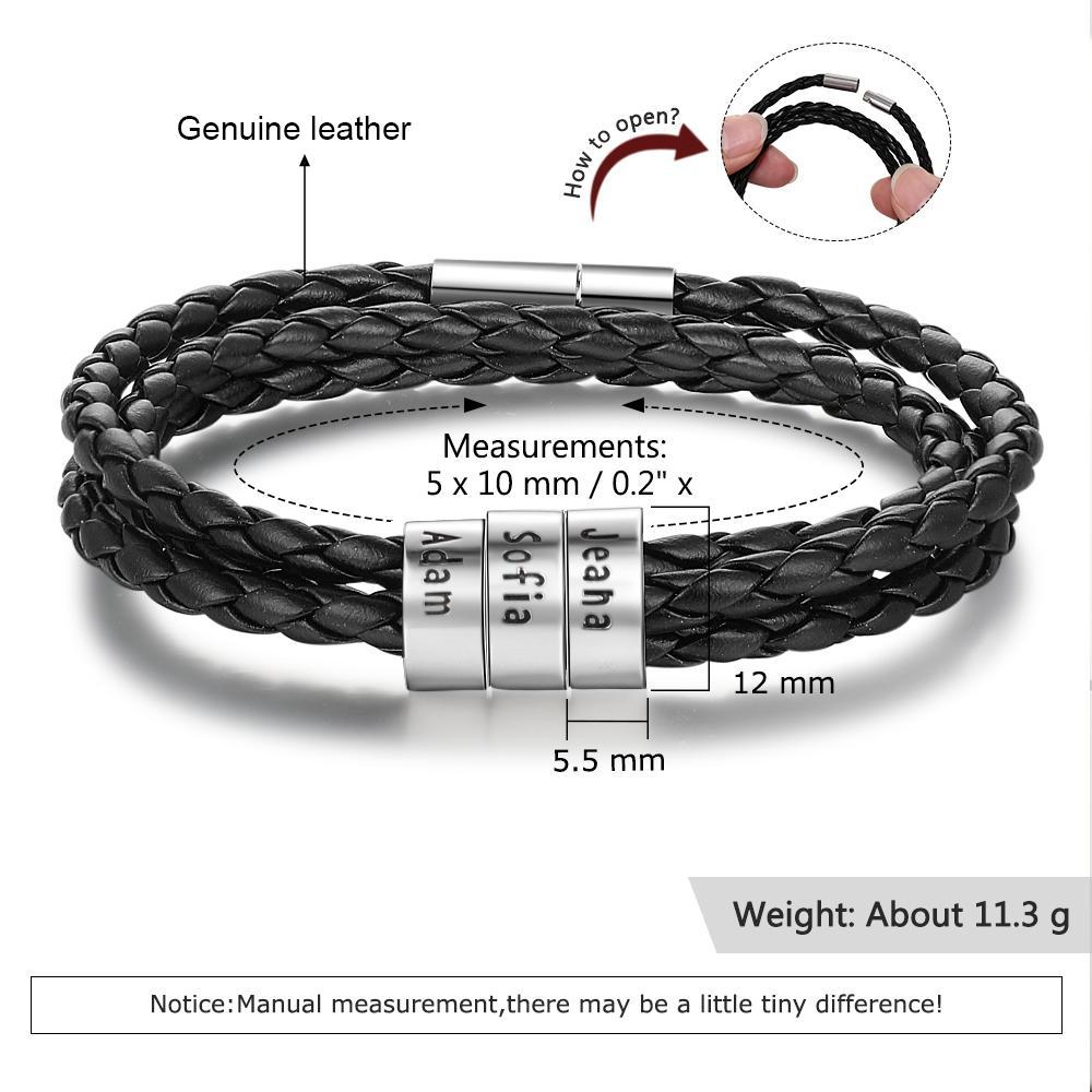 Personalized Mens Leather Braided Bracelet Custom 3 Names Multi-Layer Bracelet Black Gift For Him
