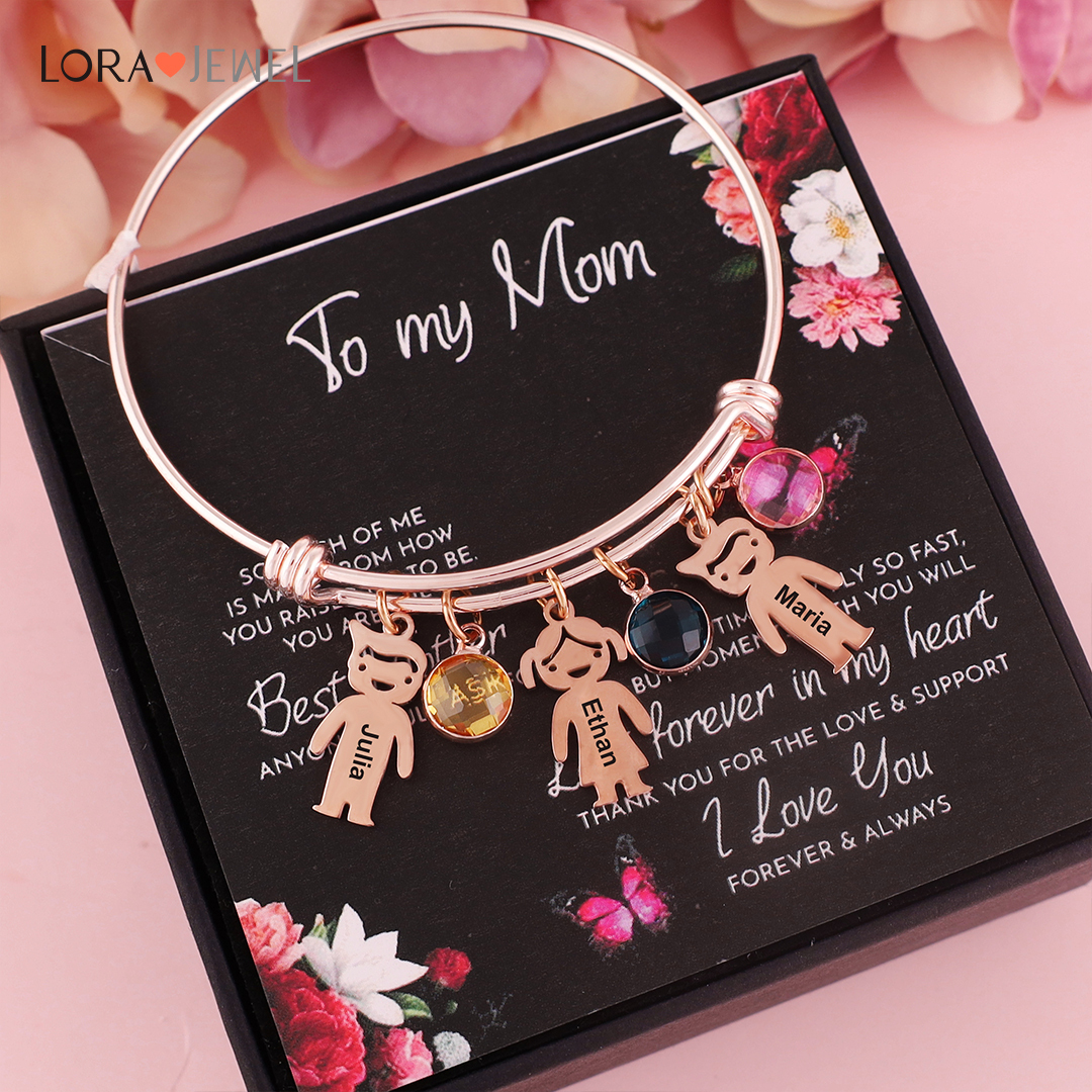 Bangle Bracelet with Kids Charms 2 Birthstone Engraved 2 Names Rose Box Set