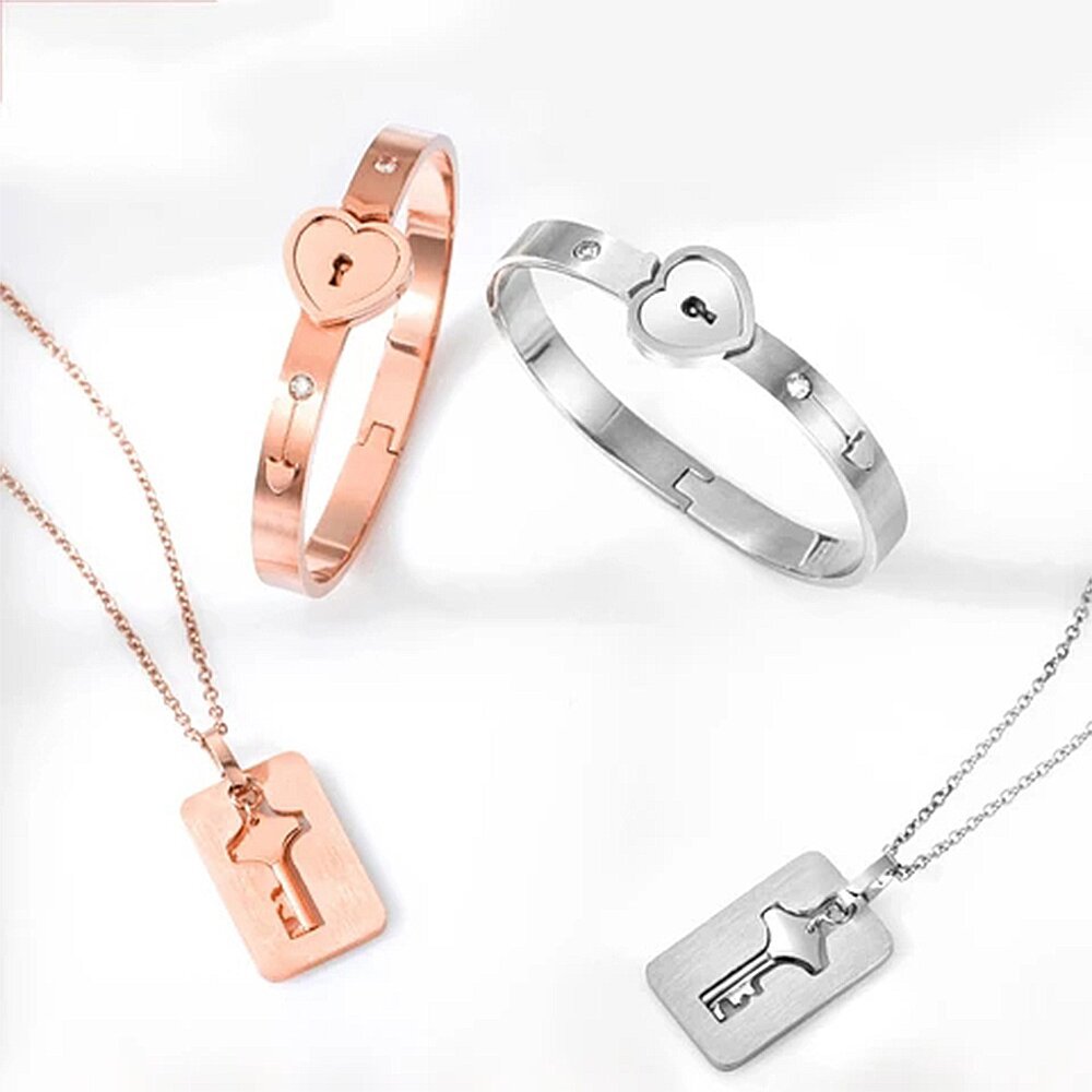 Key to My Heart Couple Key Necklace and Love Lock Bracelet Set