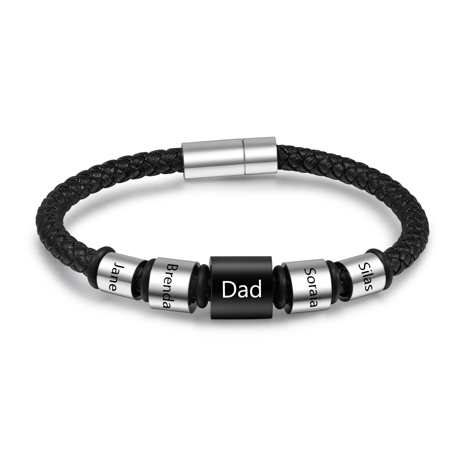 5 Names Personalised Men Leather Bracelet with Custom Name Beads - Gift for Dad | Lorajewel