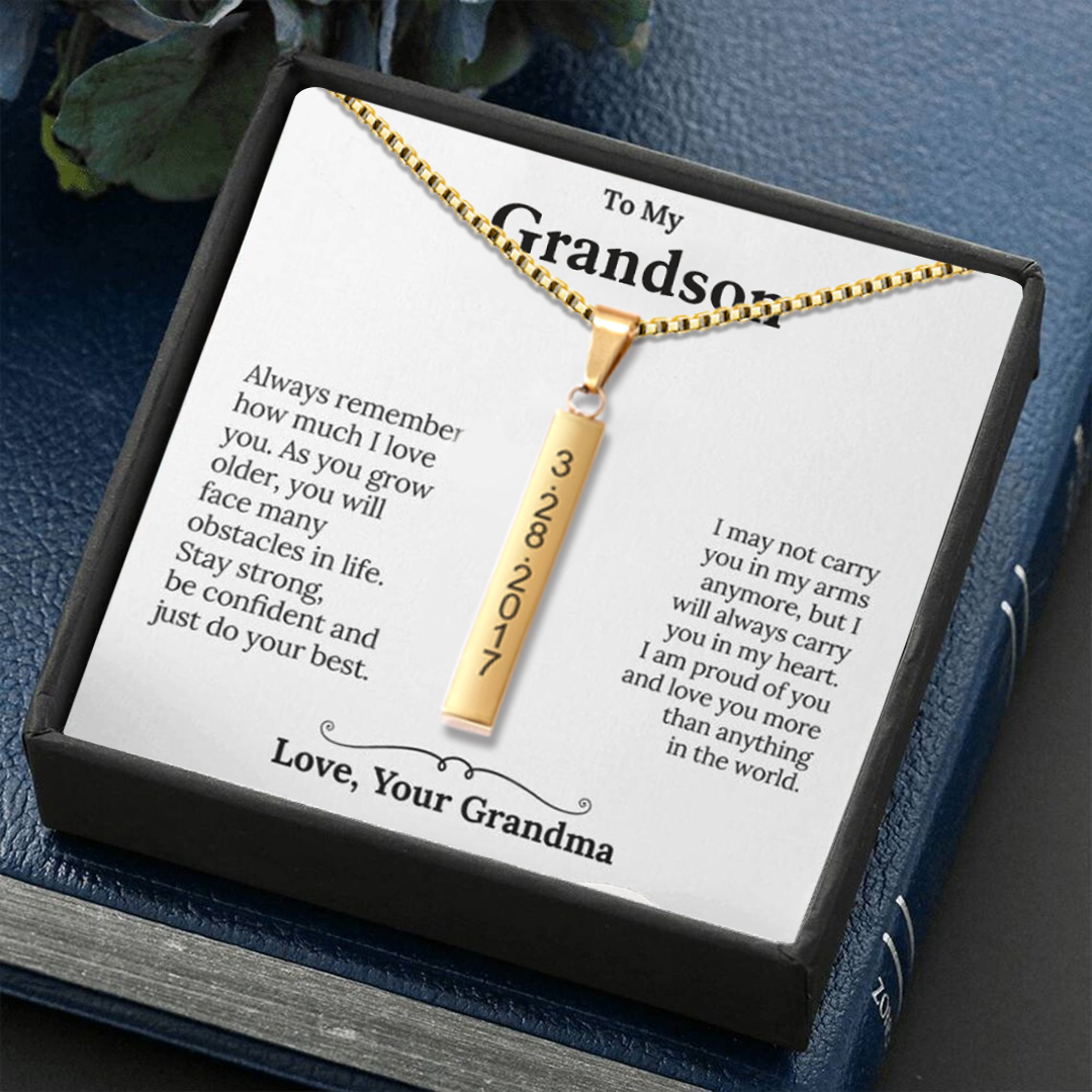 To My Grandson Vertical Bar Necklace Personalized 4 Side 3D Bar Necklace for Grandson
