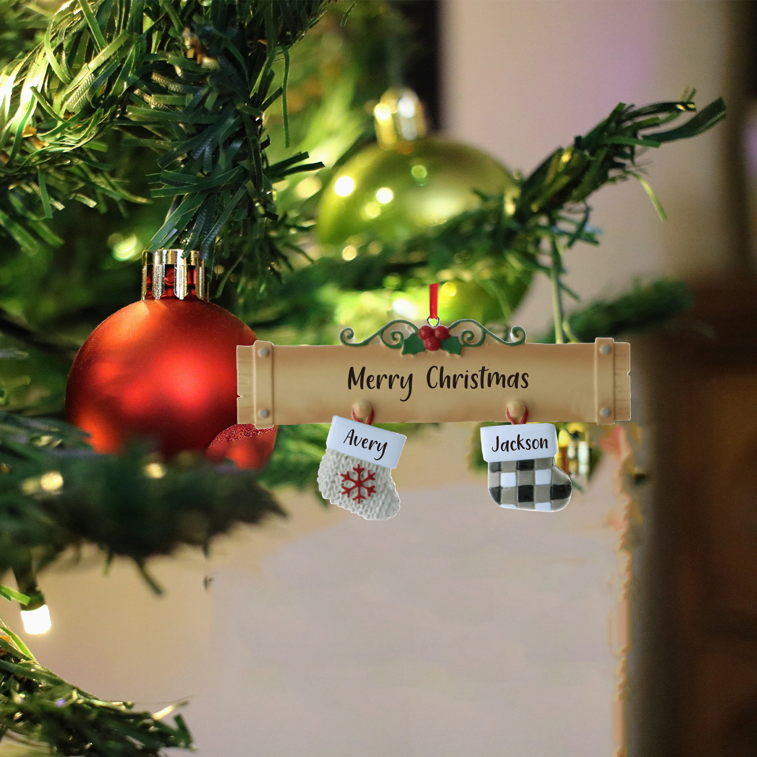 2 Names - Personalized Christmas Stockings Ornaments Customized Name & Text Christmas Decor Wooden Gifts for Family Friends