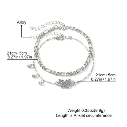 Silver Butterfly Charm Anklet Set with Rhinestones Double-Layer Adjustable Anklet